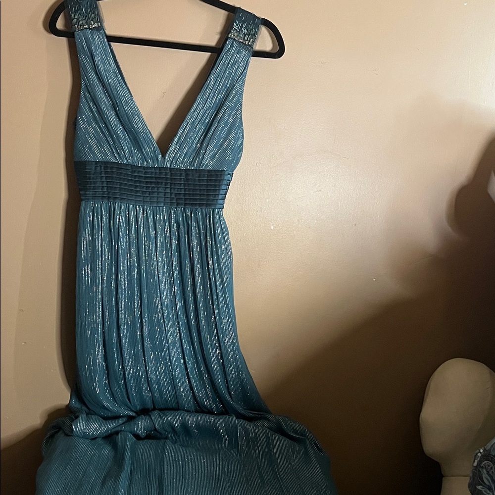 😄Full length formal emerald green silver stripes dress
